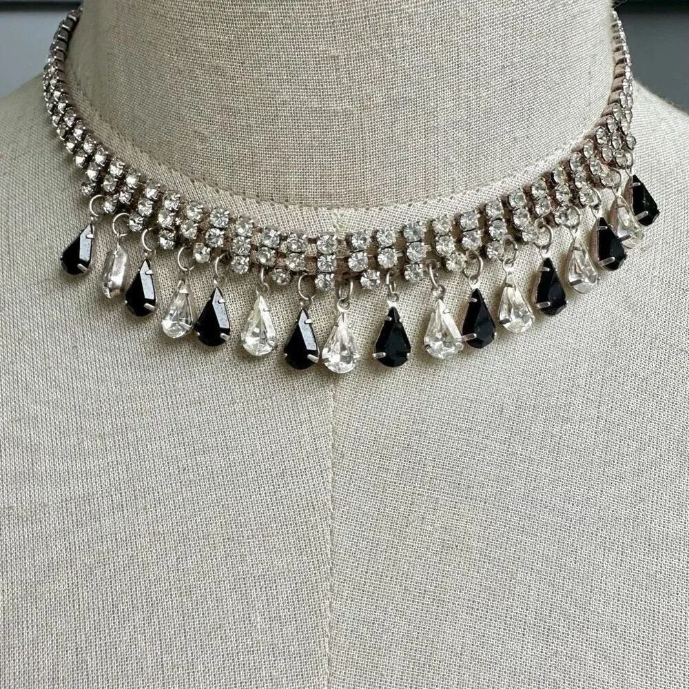 Black and clear teardrop rhinestone necklace